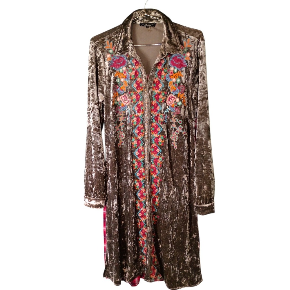 Madison Taupe Crushed Velvet‎ Embroidered Floral Plaid Back Button Down Tunic S